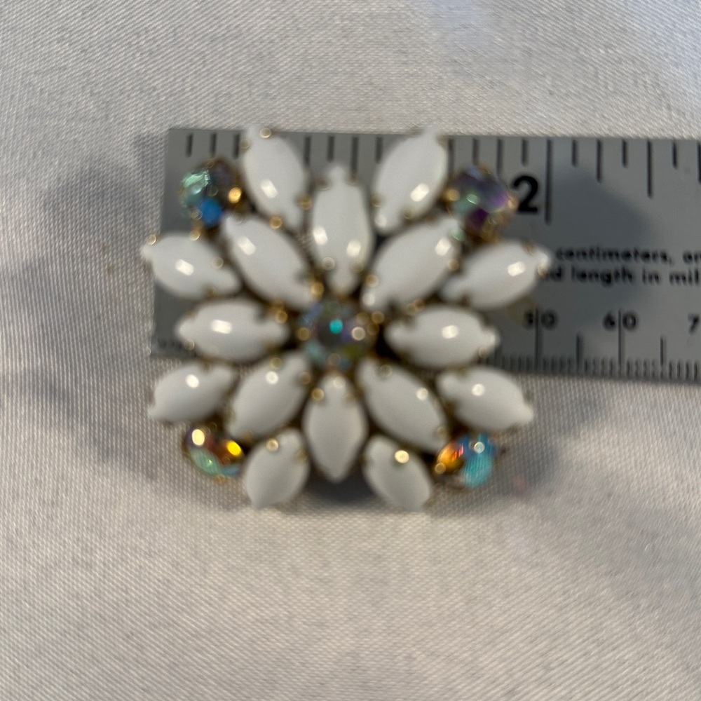 Vintage Milk glass White & AB Iridescent Brooch GUC 2” - Picture 9 of 11